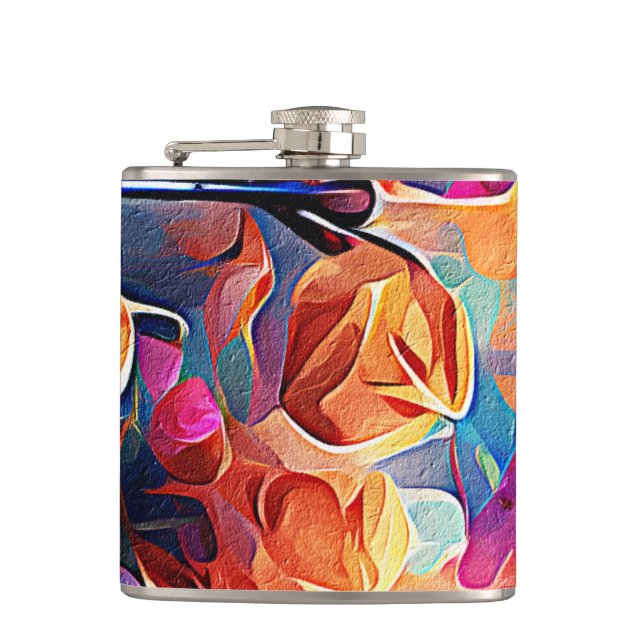 Floral Abstract Art Orange Red Blue Flowers Hip Flask (Front)