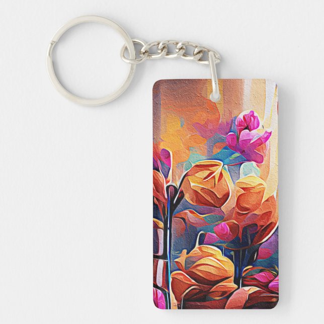 Floral Abstract Art Orange Red Blue Flowers Key Ring (Front)