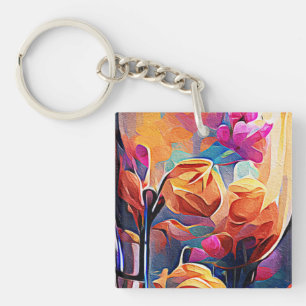 Floral Abstract Art Orange Red Blue Flowers Key Ring