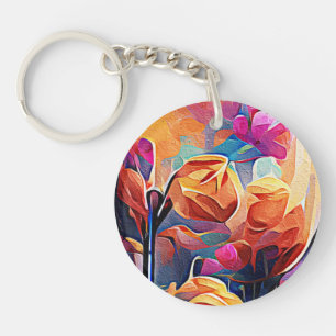 Floral Abstract Art Orange Red Blue Flowers Key Ring