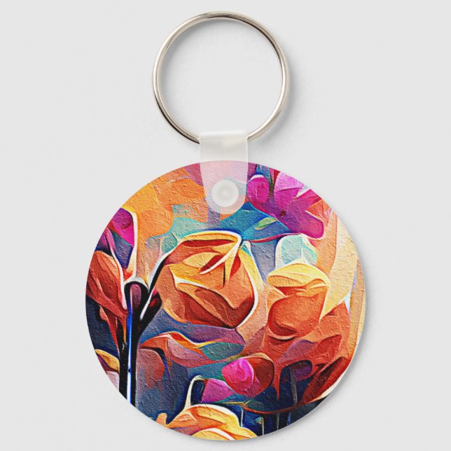 Floral Abstract Art Orange Red Blue Flowers Key Ring (Front)