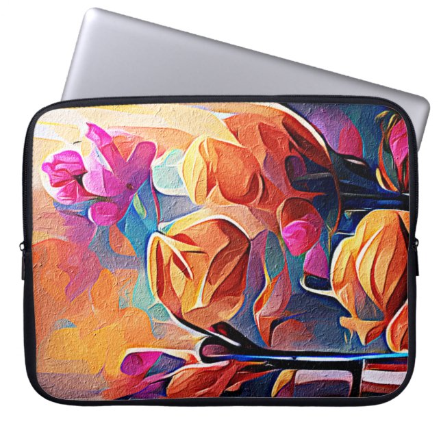 Floral Abstract Art Orange Red Blue Flowers Laptop Sleeve (Front)
