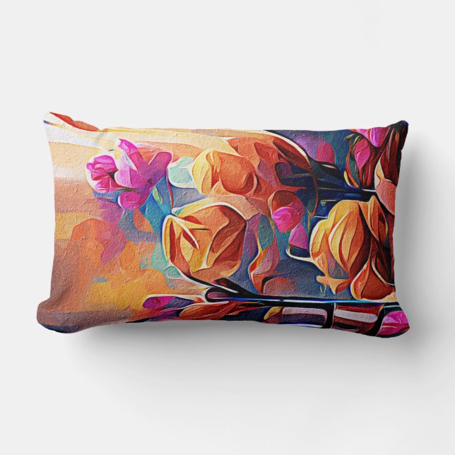 Floral Abstract Art Orange Red Blue Flowers Lumbar Cushion (Front)