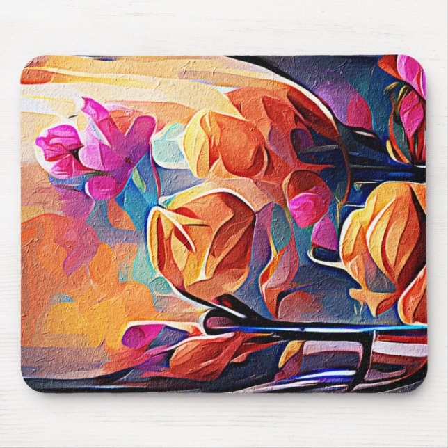 Floral Abstract Art Orange Red Blue Flowers Mouse Mat (Front)