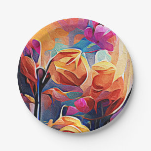 Floral Abstract Art Orange Red Blue Flowers Paper Plate