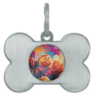 Floral Abstract Art Orange Red Blue Flowers Pet ID Tag