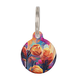 Floral Abstract Art Orange Red Blue Flowers Pet Tag