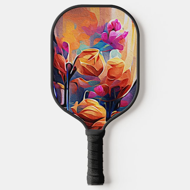 Floral Abstract Art Orange Red Blue Flowers Pickleball Paddle (Front)