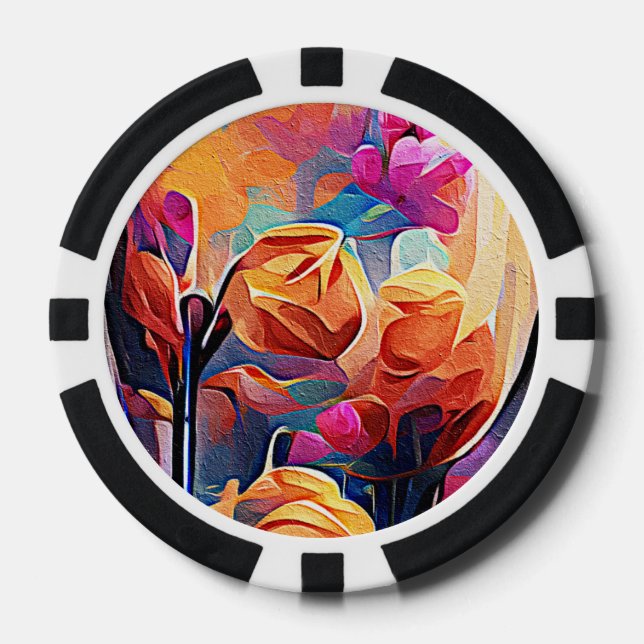 Floral Abstract Art Orange Red Blue Flowers Poker Chips (Front)