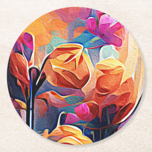 Floral Abstract Art Orange Red Blue Flowers Round Paper Coaster