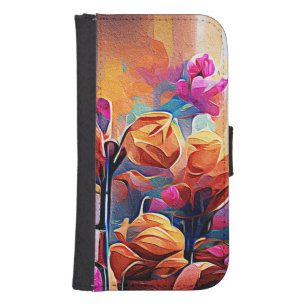 Floral Abstract Art Orange Red Blue Flowers Samsung S4 Wallet Case