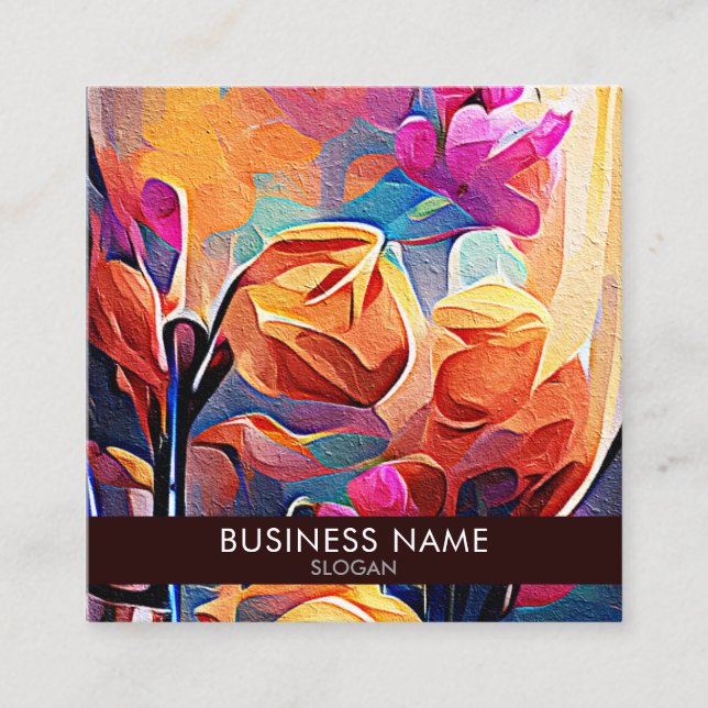Floral Abstract Art Orange Red Blue Flowers Square Business Card (Front)