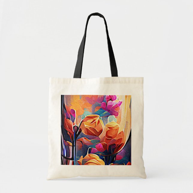 Floral Abstract Art Orange Red Blue Flowers Tote Bag (Front)