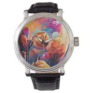 Floral Abstract Art Orange Red Blue Flowers Watch