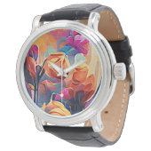 Floral Abstract Art Orange Red Blue Flowers Watch (Angled)