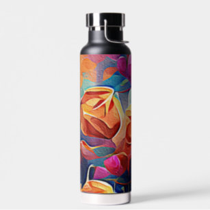 Floral Abstract Art Orange Red Blue Flowers Water Bottle