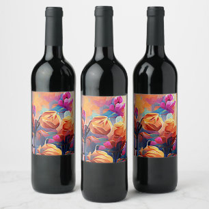 Floral Abstract Art Orange Red Blue Flowers Wine Label