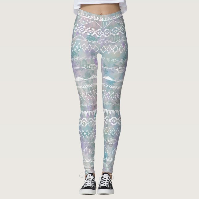 Floral Abstract Aztec Tribal Purple Blue Pattern Leggings (Front)