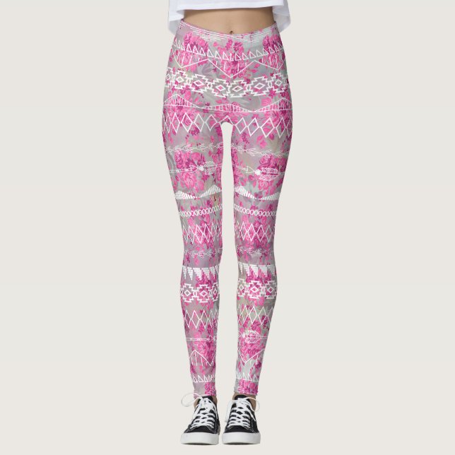 Floral Abstract Aztec Tribal Purple Pink Pattern Leggings (Front)