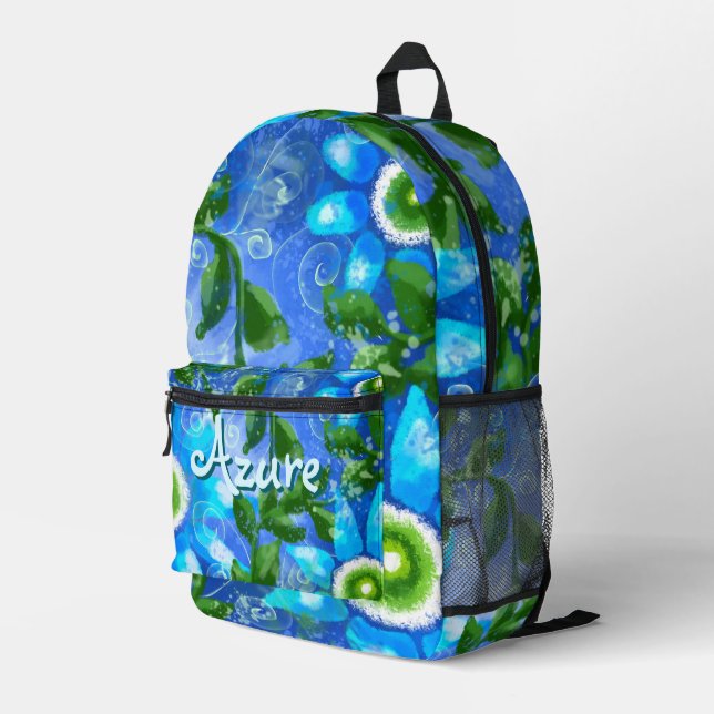 Floral Abstract Blue Green Flowers Personalised Printed Backpack (Back Corner Right)