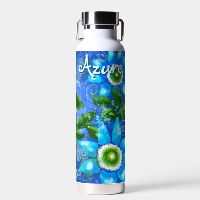 Floral Abstract Blue Green Flowers Personalised Water Bottle (Front)