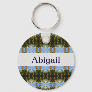 Floral Abstract Bright Yellow Blue Stripes Key Ring