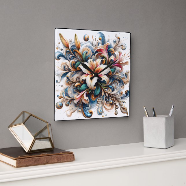 Floral Abstract Design Featuring Lily At Sunrise Square Wall Clock (Office)