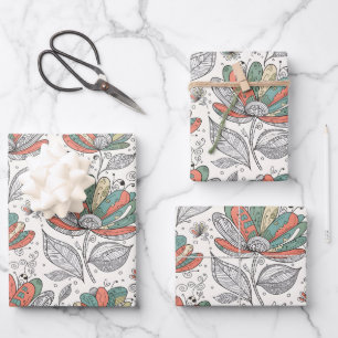 Floral Abstract Doodle Art Style Peach Green Beige Wrapping Paper Sheet