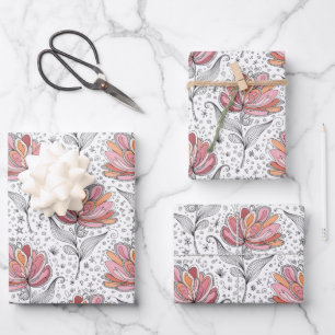 Floral Abstract Doodle Art Style Pink Peach Wrapping Paper Sheet