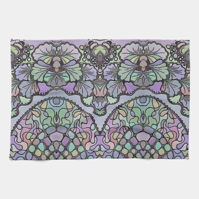 Floral abstract purple pansy mosaic pattern tea towel (Horizontal)