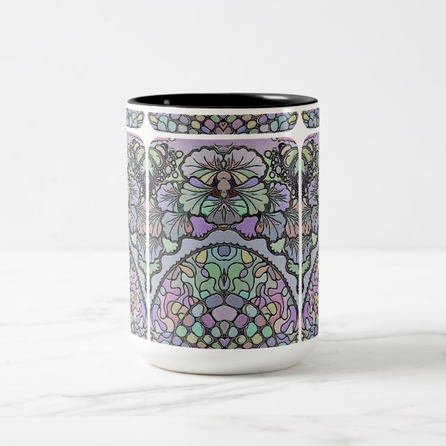 Floral abstract purple pansy mosaic pattern Two-Tone coffee mug (Center)