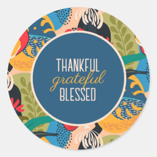 Floral Abstract Thankful Grateful Blessed Classic Round Sticker