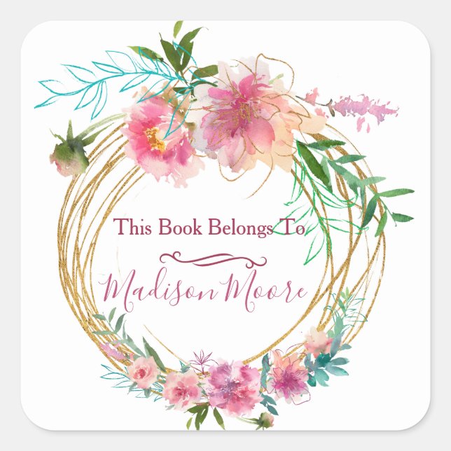 Floral Abstract Wreath Hand Lettered Bookplate Square Sticker (Front)