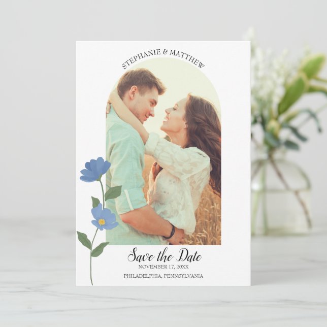Floral Accent Arch Shaped Photo Save the Date Invitation (Standing Front)