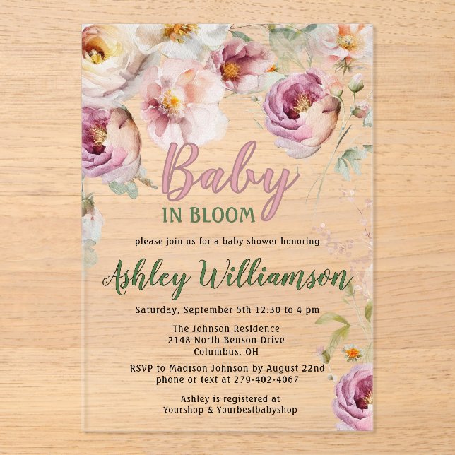 Floral Acrylic Pink Girl Baby in Bloom Shower   Invitations (Front)