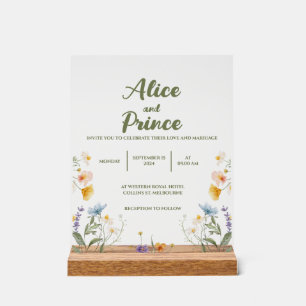 Floral acrylic wedding sign with wood stand