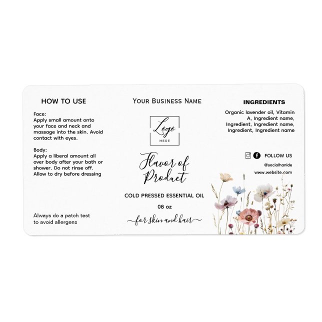 Floral Add your logo Essential Oil Bottle Label (Front)