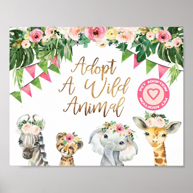 Floral Adopt A Wild Animal Birthday Party Sign (Front)