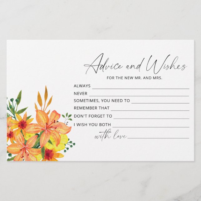 Floral advice and wishes bridal shower stationery (Front)