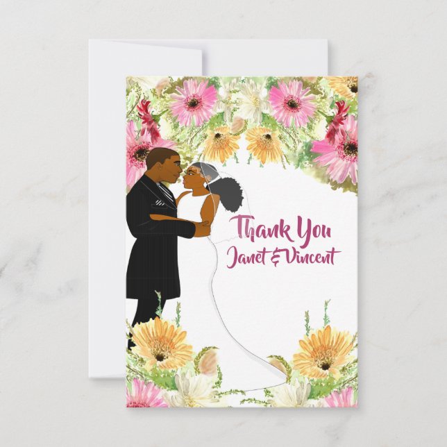 Floral African American Wedding Couple Thank You (Front)