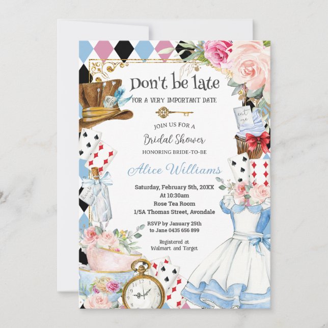 Floral Alice in Wonderland Bridal Shower Tea Party Invitation (Front)