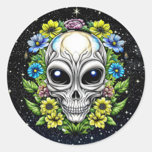 Floral Alien Skull Extraterrestrial AI Art Classic Round Sticker
