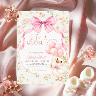 Floral All in One Silly Goose Pink Bow Baby Shower Invitation