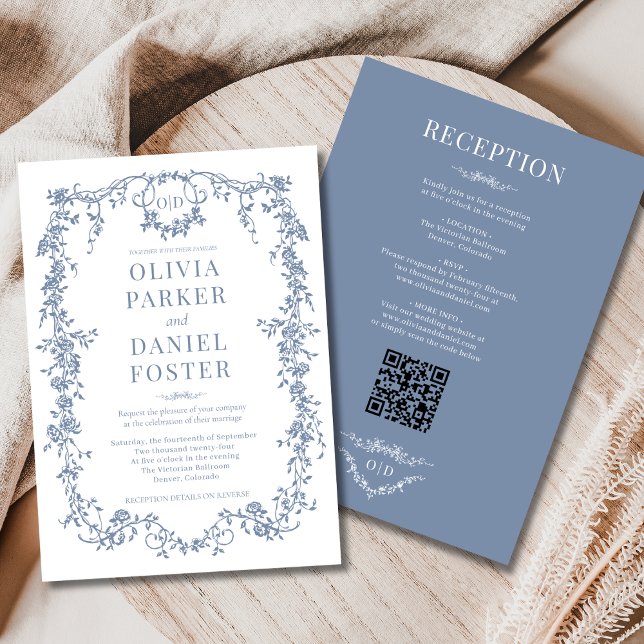 Floral All in One Victorian Blue Wedding Monogram Invitation (Creator Uploaded)