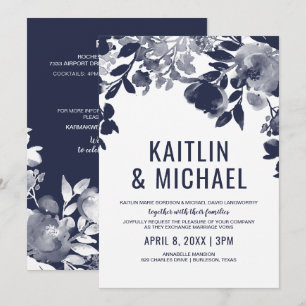 Floral All in One Wedding Invitation (Navy Blue)