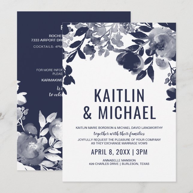 Floral All in One Wedding Invitation (Navy Blue) (Front/Back)