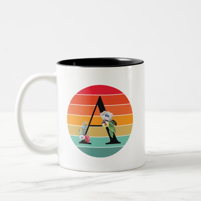 Floral Alphabet A Retro Sunset Monogram Two-Tone Coffee Mug (Left)