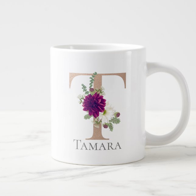Floral Alphabet custom name letter “ T  “ Large Coffee Mug (Right)