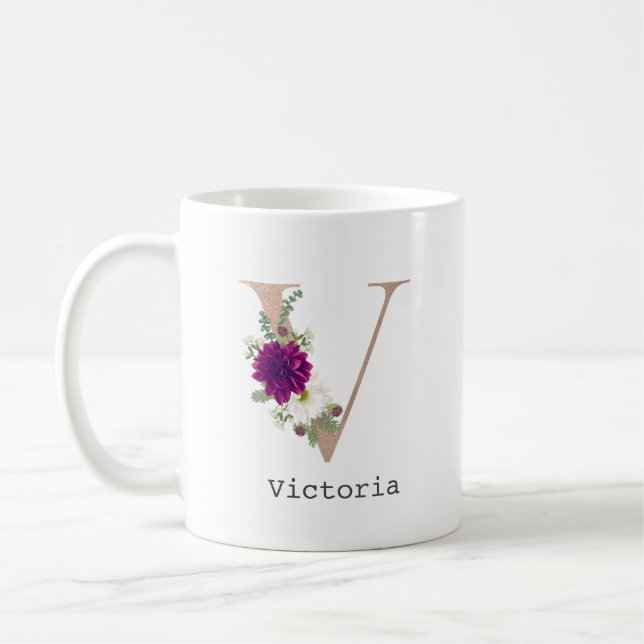 Floral Alphabet custom name letter “ V“ Coffee Mug (Left)