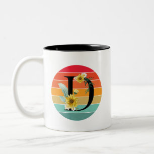 Floral Alphabet D Retro Sunset Monogram Two-Tone Coffee Mug